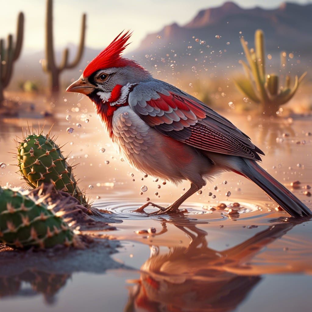 Pyrrhuloxia Bird Splashing in Desert Puddle