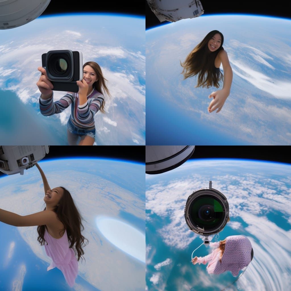 Smiling Girl Taking Selfie With Camera In Orbit Around Earth ...