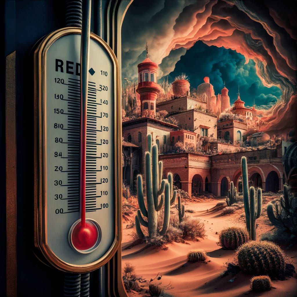 Close up of thermometer in the Red with desert town in backg...