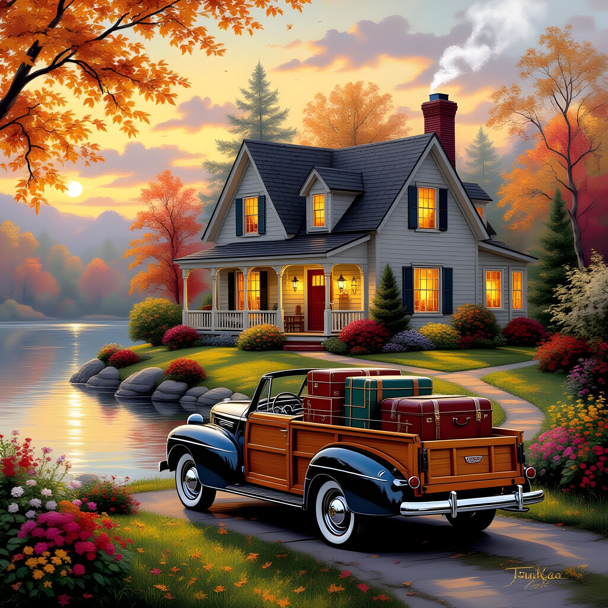 A little cottage by the lake on the edge of the woods with fall colors with glowing windows and smoke coming out of the chimney and  woodie ...