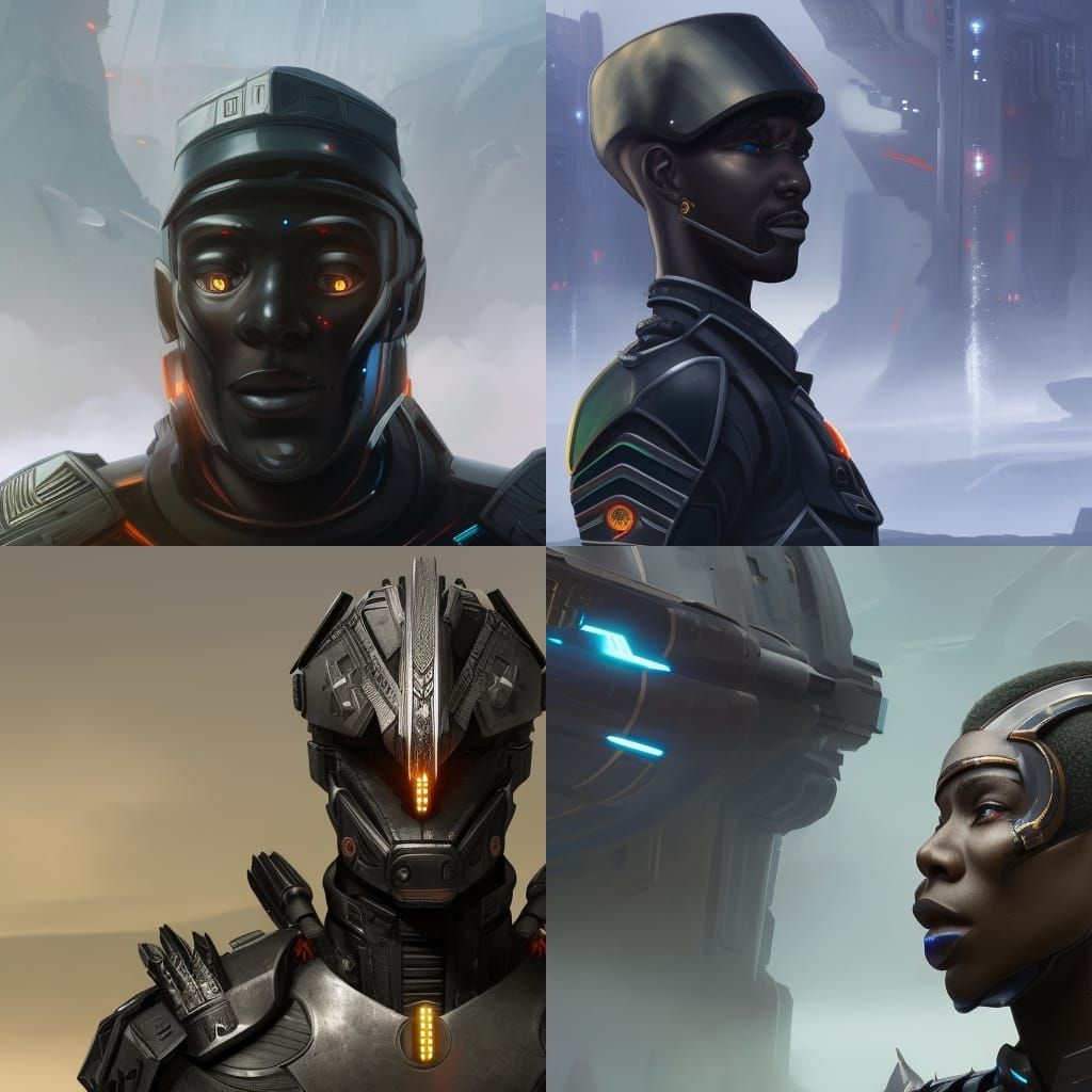 A black futuristic army general head looking at camera