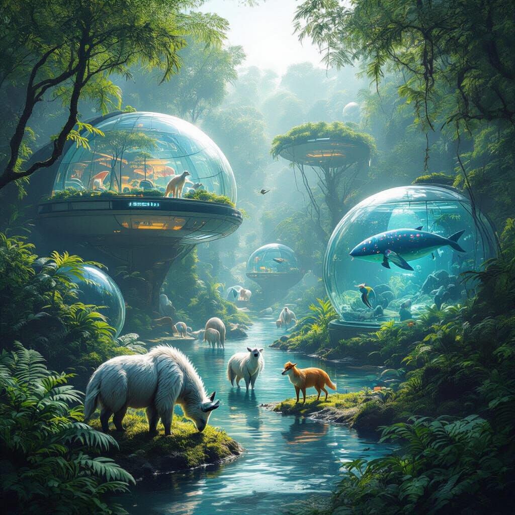 Ark Nova — futuristic zoo featuring fully biological, ultra-realistic animals in biome-integrated enclosures, no cybernetics, pure organic e...