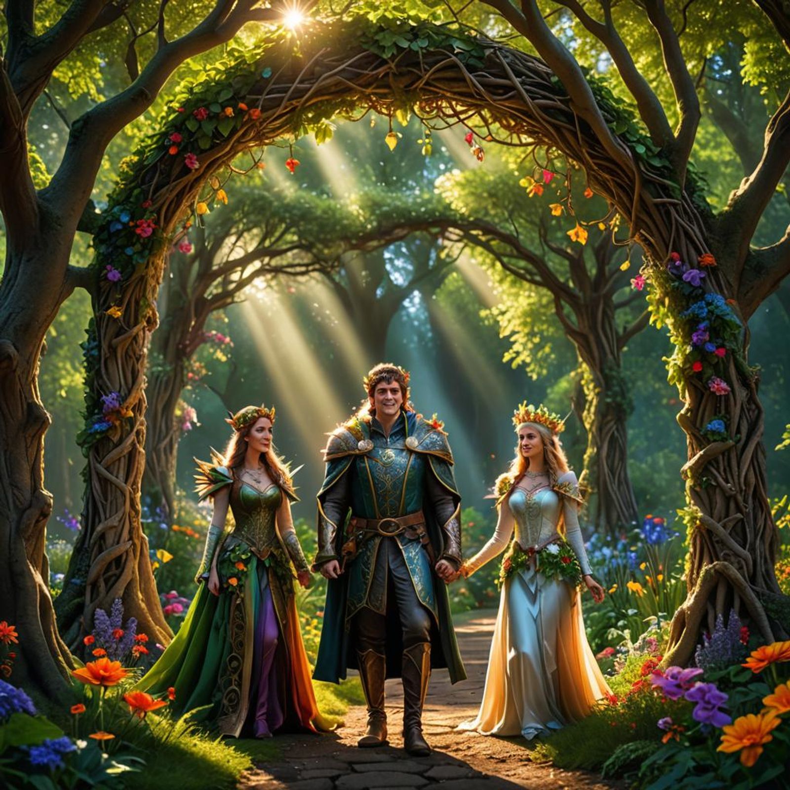 an elf king and queen welcome us with a smile, a majestic arch made of ...