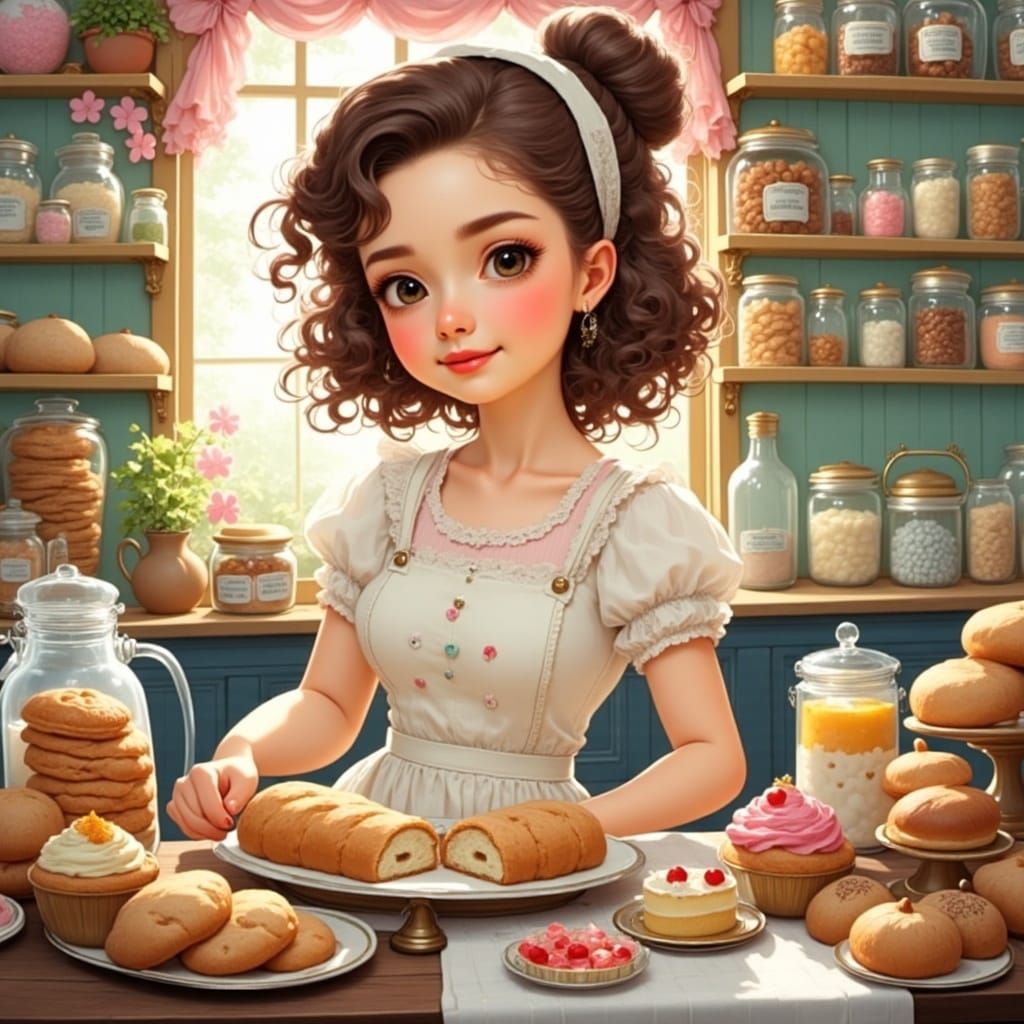 Girl in bakery shop <lora:Cute-Cartoon-Flux:1.0>
