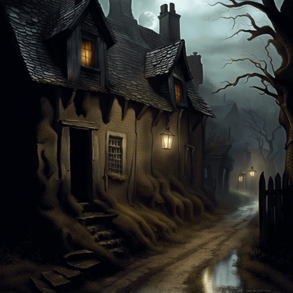 spooky countryside village, witches cottage