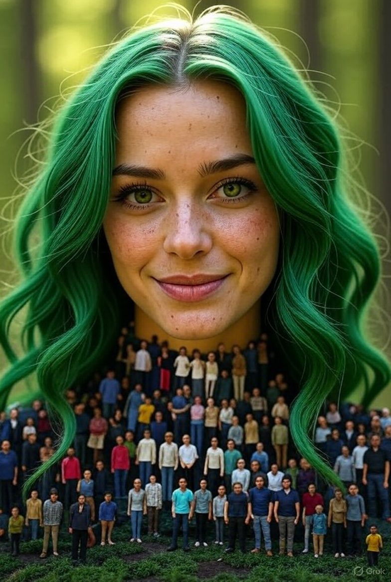 mesmerizing green hair woman with infinite hair and tiny fig...