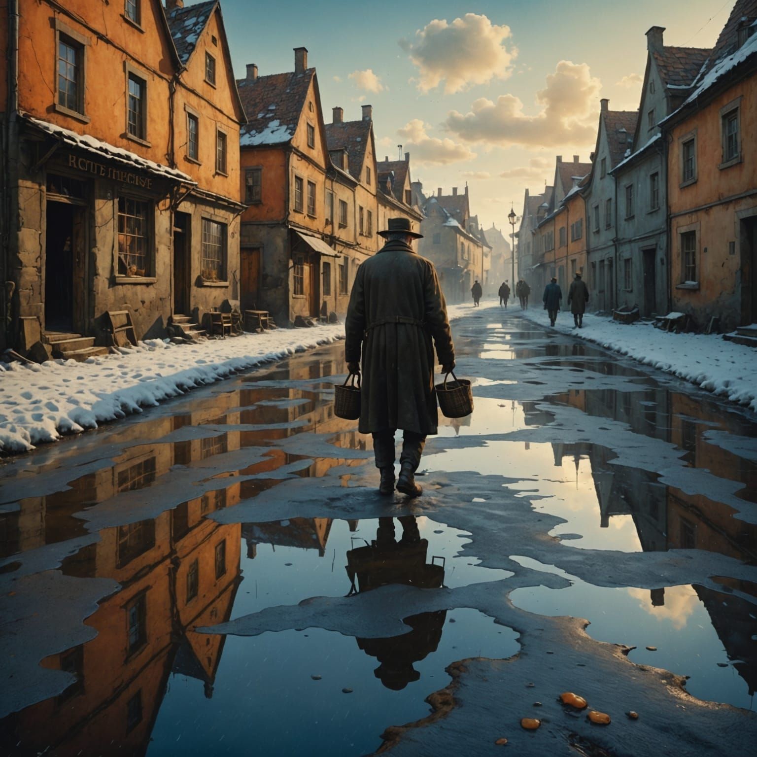 Ethereal European Village Scene: An Old Farmer's Dramatic Cr...