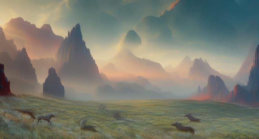 {{{giant lizards}}}:"a giant lizard running in a valley surr...
