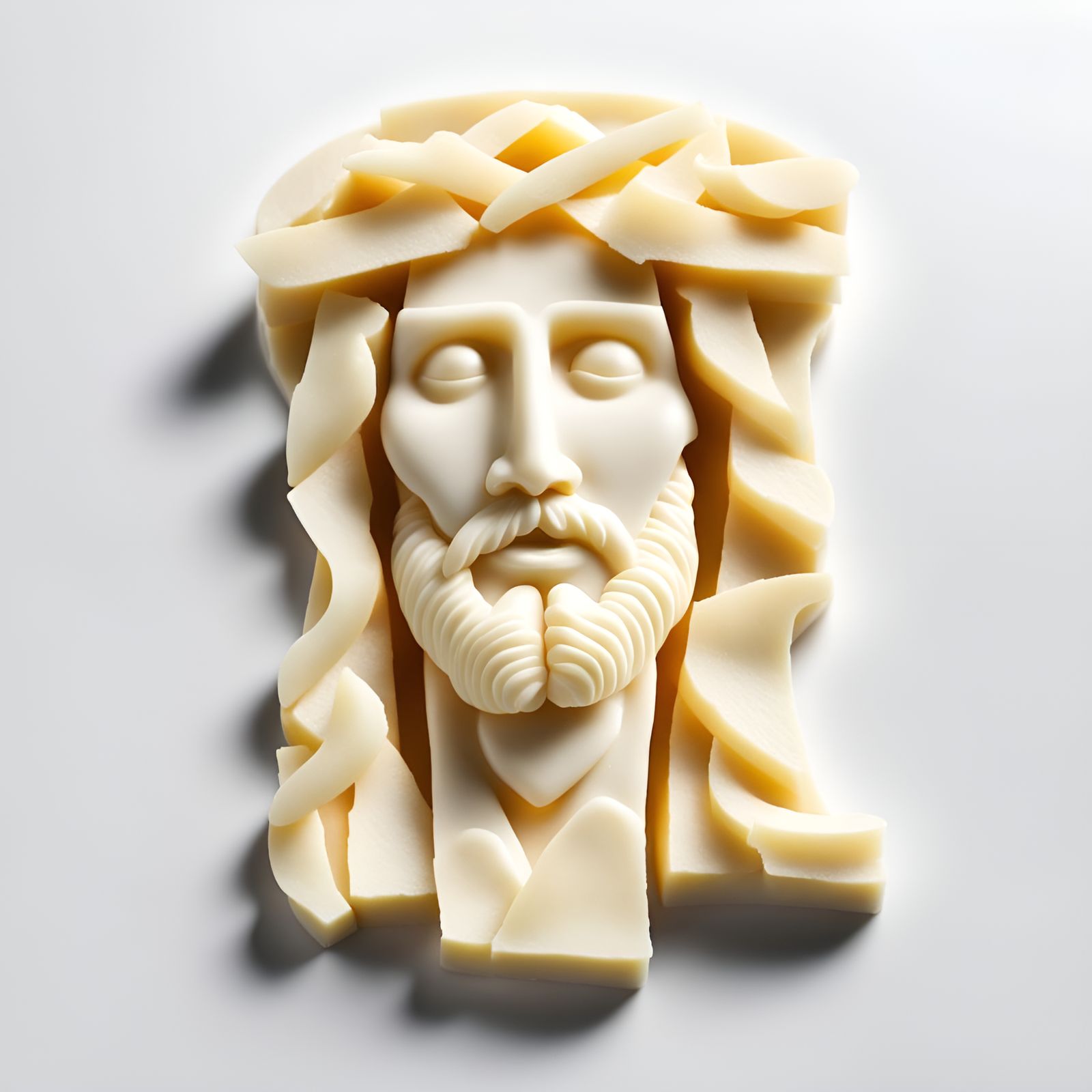 Jesus christ made up of mozzarella cheese. centered over a blank white