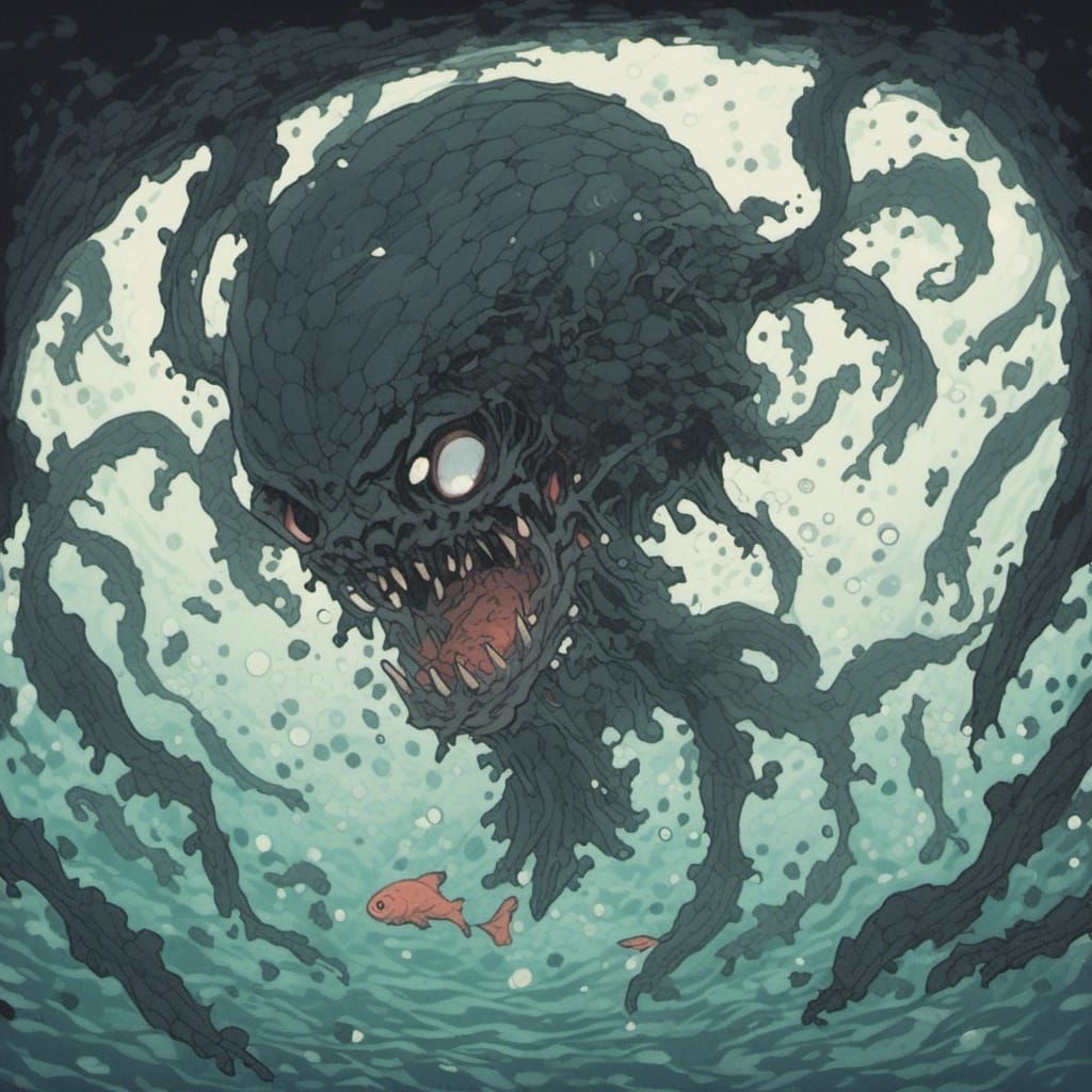 <lora:MiniMacabre:1.0>Drowning in the water, ghostly fish swimming around