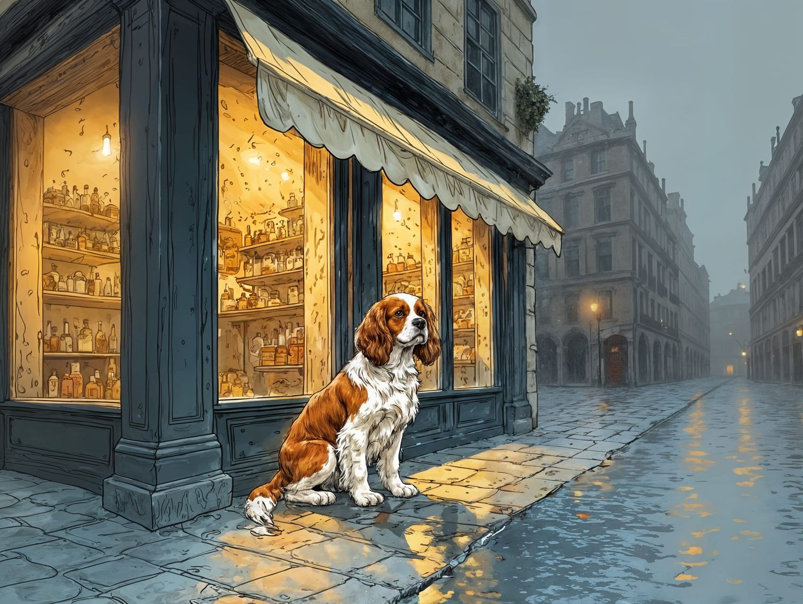 Canine By Storefront In Rainstorm