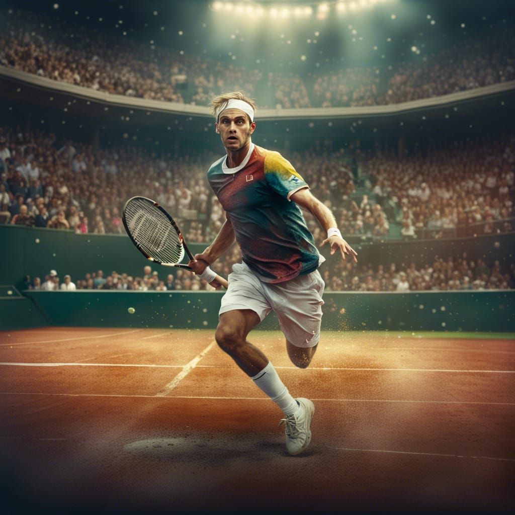 Jannik the Italian tennis player, in the stadium full of spectators, moves quickly, bouncing the tennis ...  by @Giulia