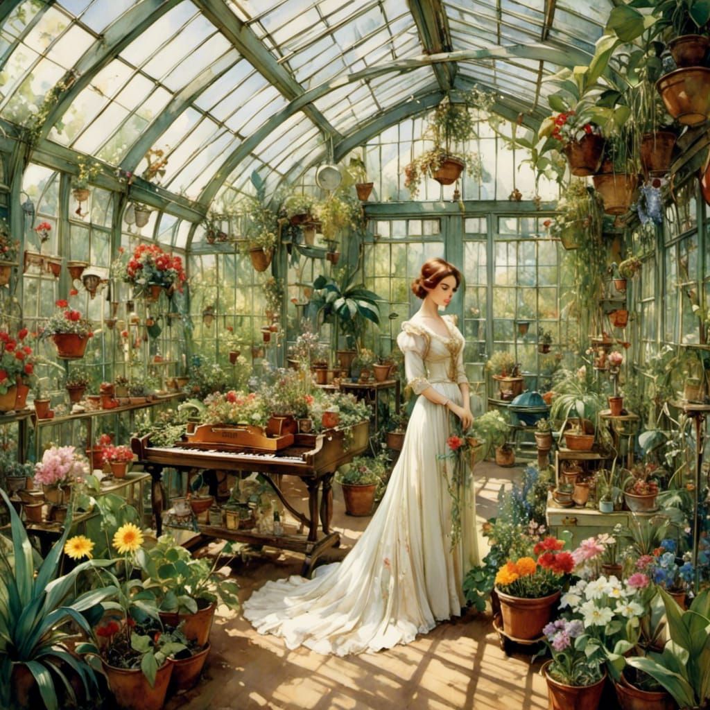 <lora:FairyTails:1.0> Fancy lady in greenhouse