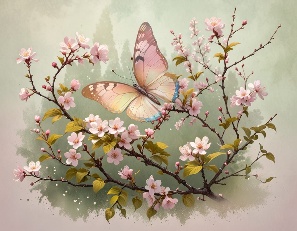 A butterfly landing on a blooming cherry branch