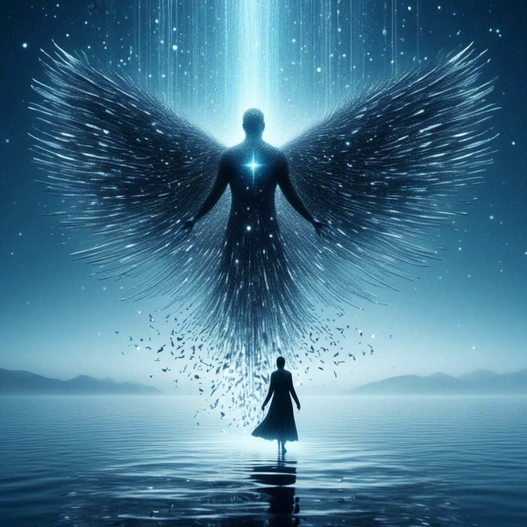  <lora:SDXL-WETA-FX:1.0> A figure with wings made of stardust, walking on water