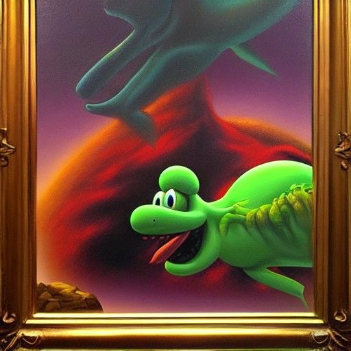 Yoshi Kelly Freas oil on canvas airbrush art prehistoricore