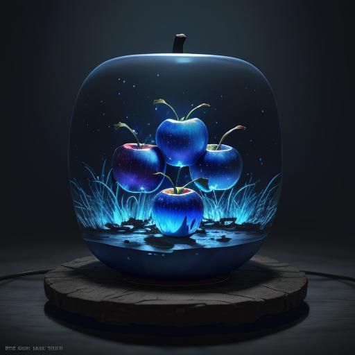 Blue apples that are lit up from inside.