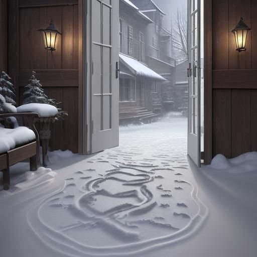 Cat tracks in the snow outside a patio door