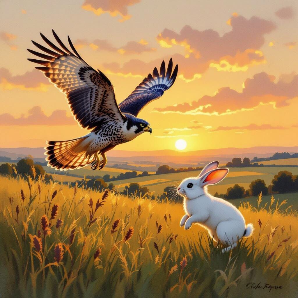 A wild falcon is chasing a white rabbit in the countryside, bathed in the soft, golden light of sunset. gouache detailed painting
