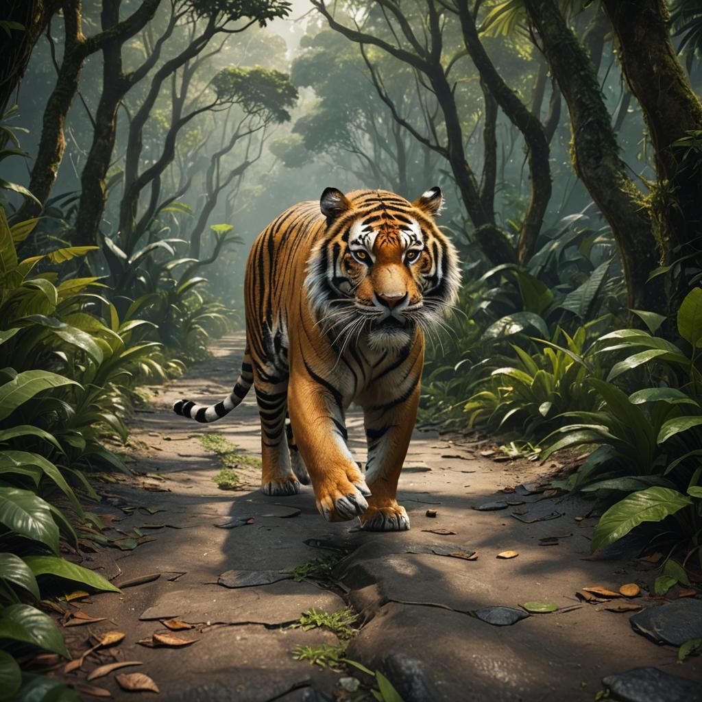 A one tiger on a path in the Amazon forest