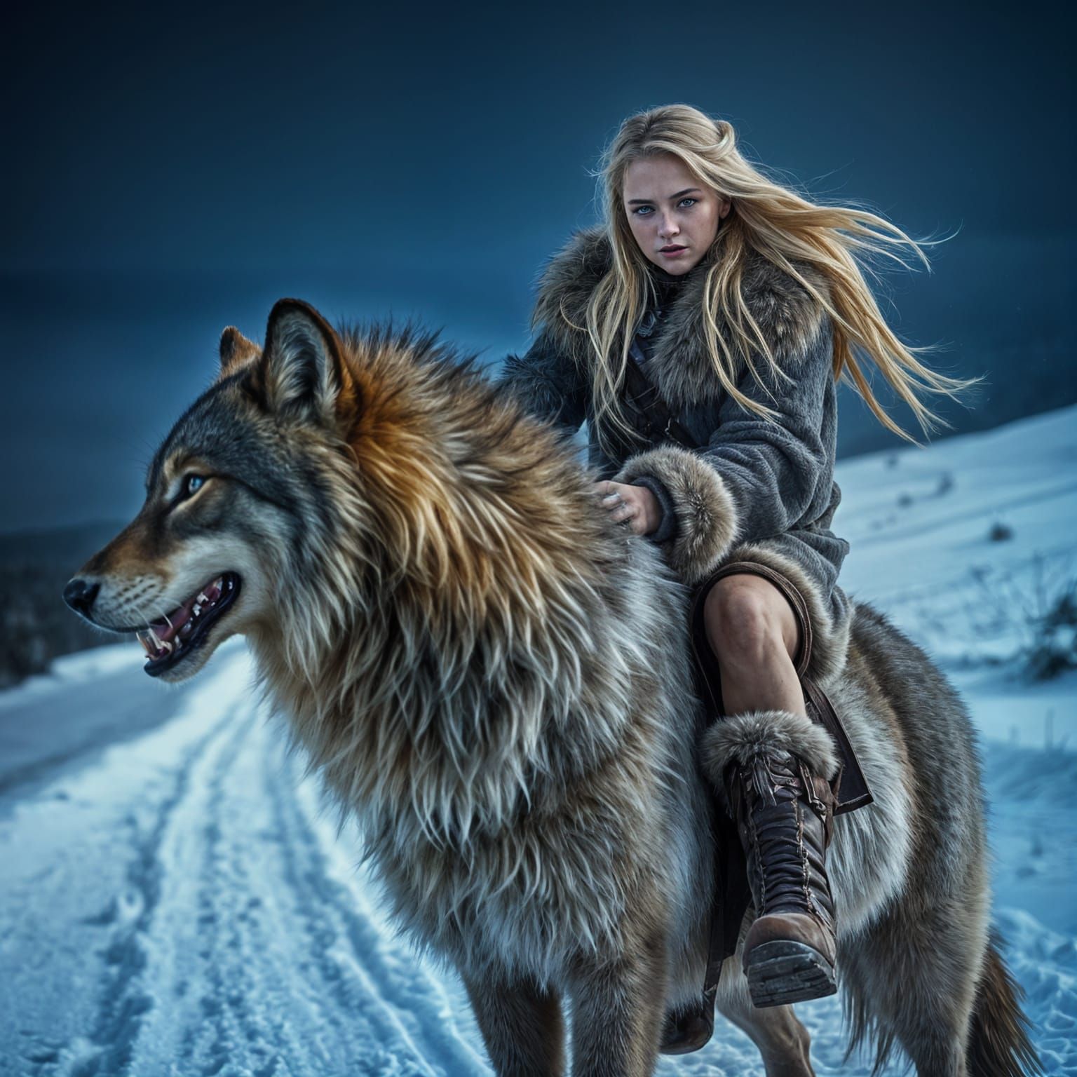 Epic Prehistoric Huntress Rides Dire Wolf Through Snowy Nigh...