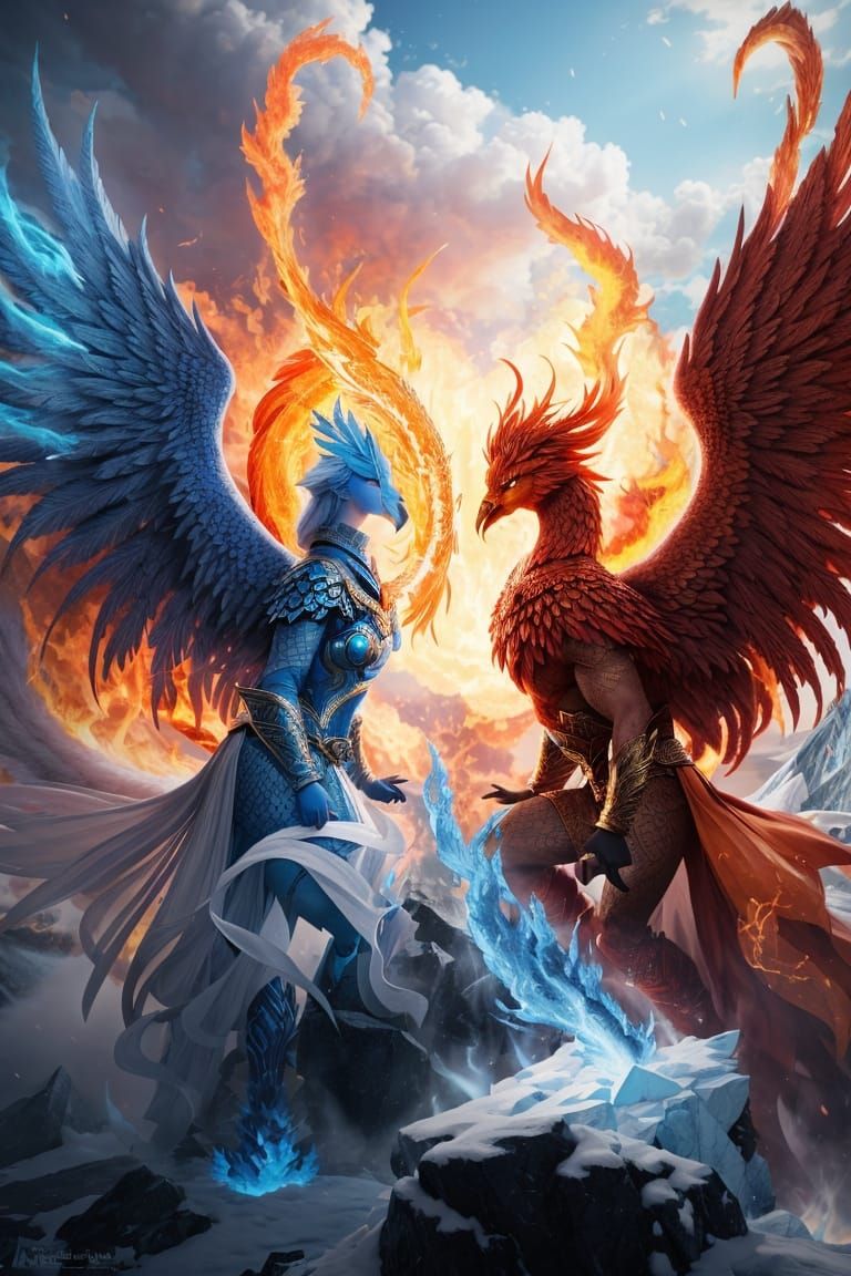 Mythical beauty face off between fire & ice phoenix