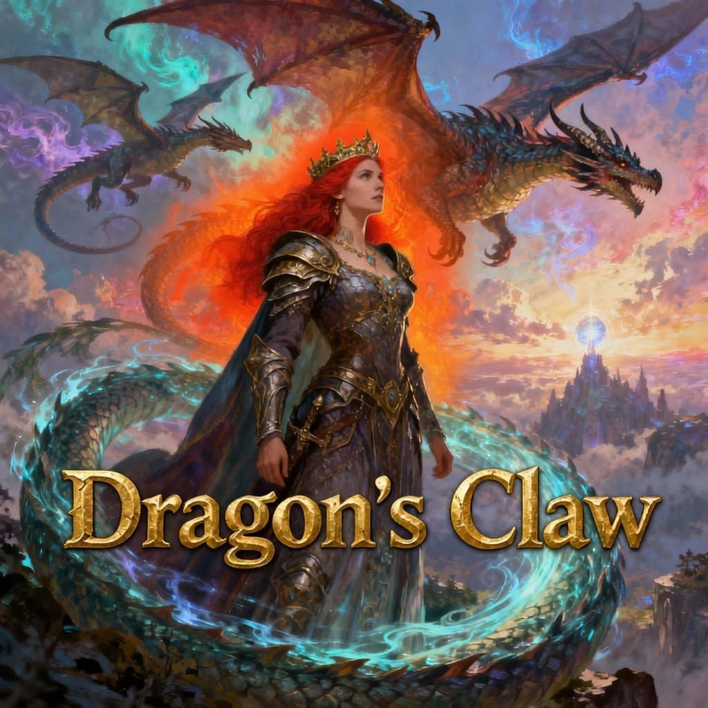 A book cover of a woman queen who is also the queen of dragons, in a fantasy world. out to find the legendary Dragon's Claw.. With  the titl...
