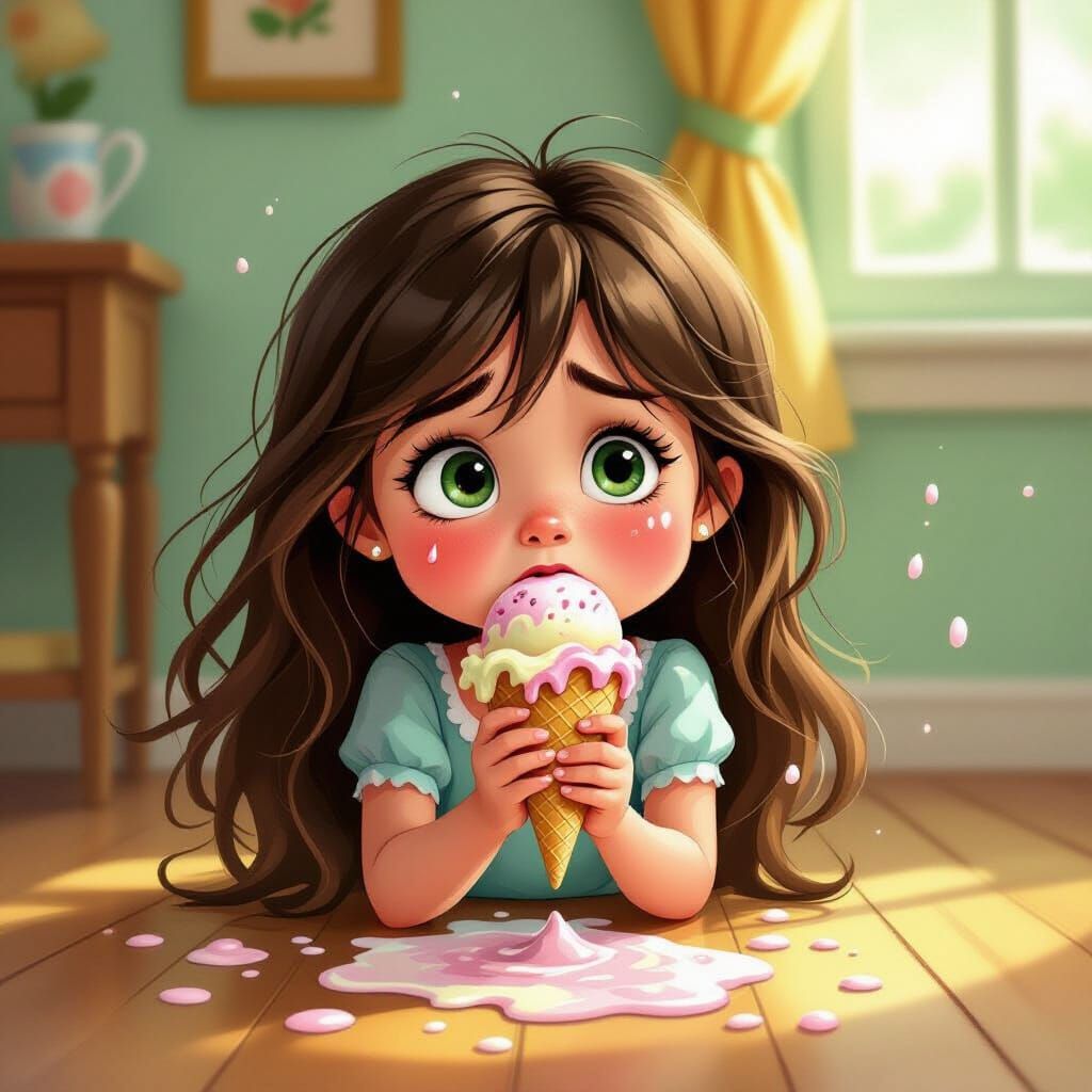 Girl Cries Over Dropped Ice Cream in Storybook Style