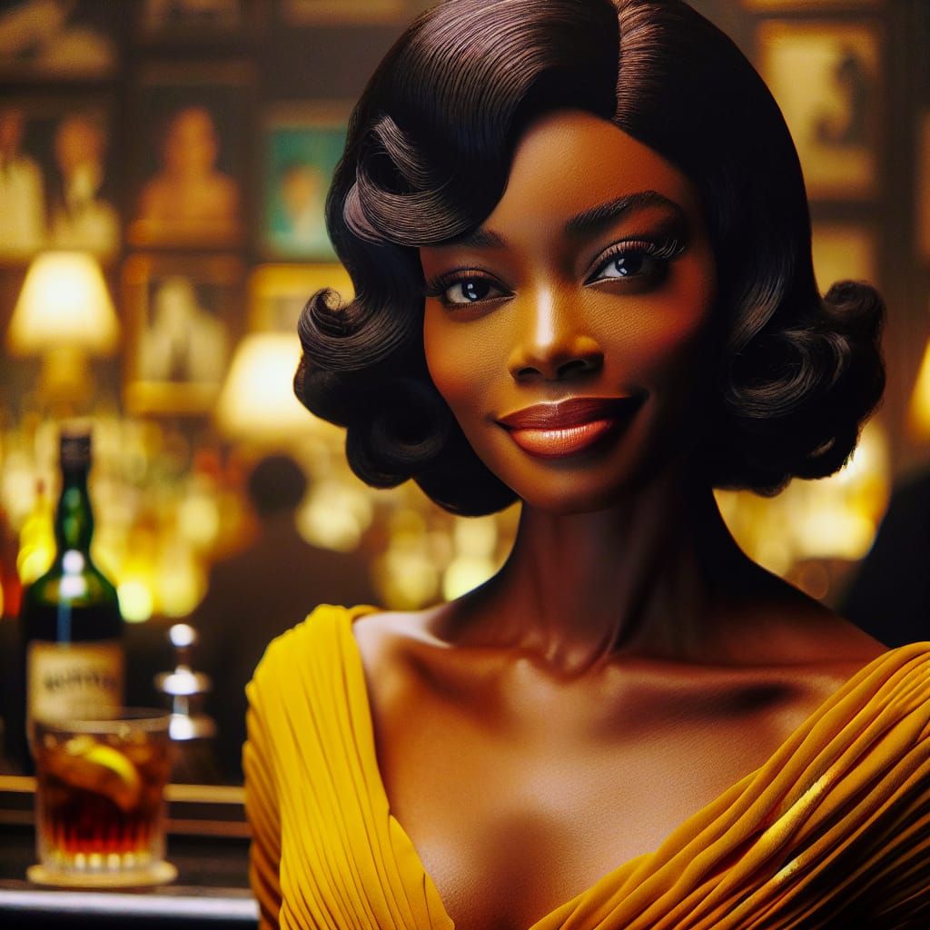 Stylish Woman in Yellow at 1960s Jazz Bar