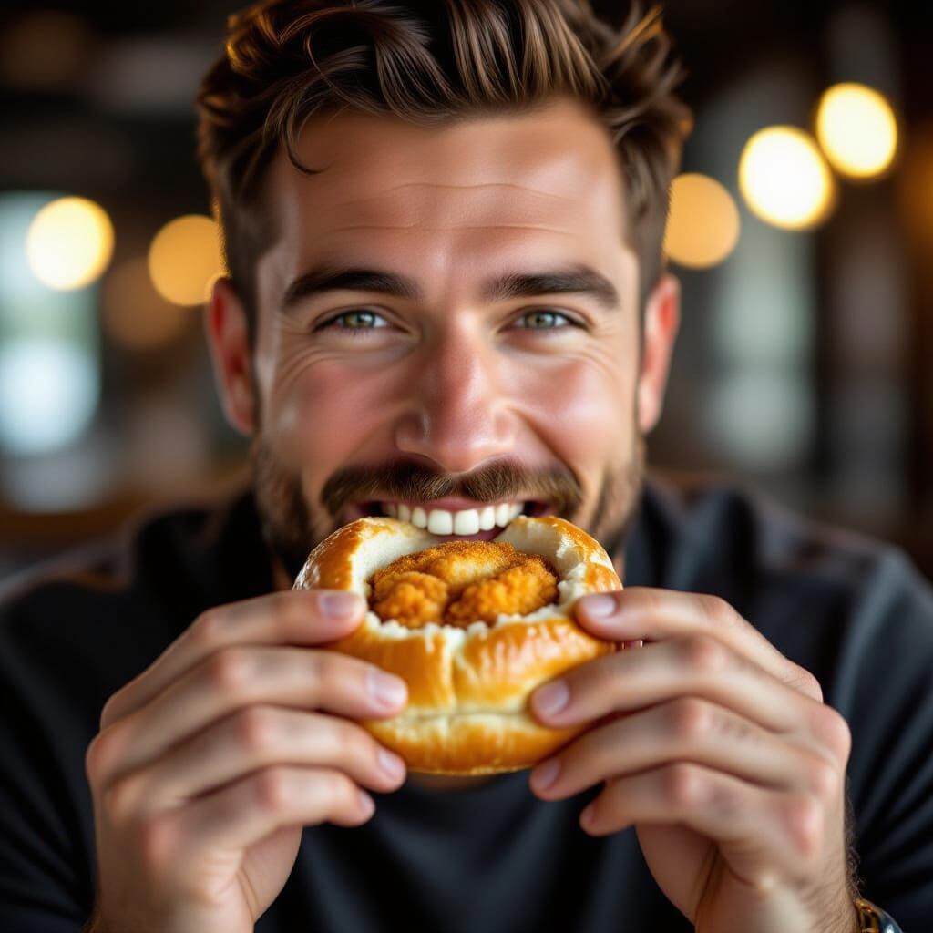 Man Bites Schnitzel Bread Roll in Professional Portrait