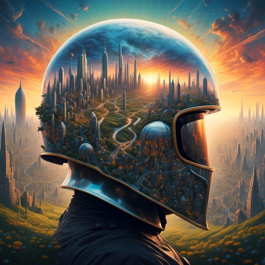 <lora:Helmets:1.0> 1960s album cover with medieval knights helmet with city inside double exposure sunset fields and space skies 
