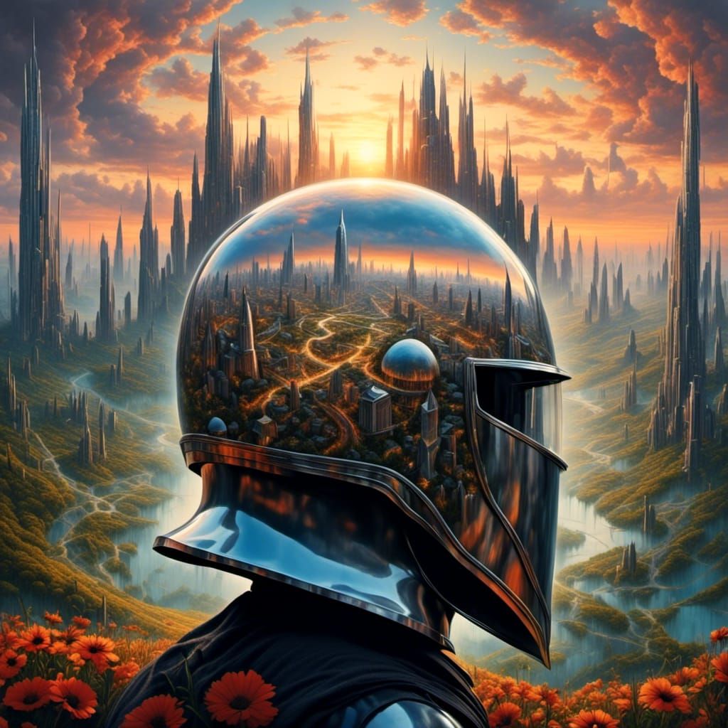 <lora:Helmets:1.0> 1960s album cover with medieval knights helmet with city inside double exposure sunset fields and space skies 