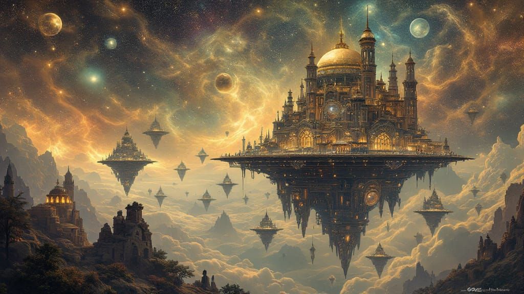 A magnificent city built upon colossal, interconnected floating islands, suspended in a nebula-rich sky. ...  by @HangTenTex