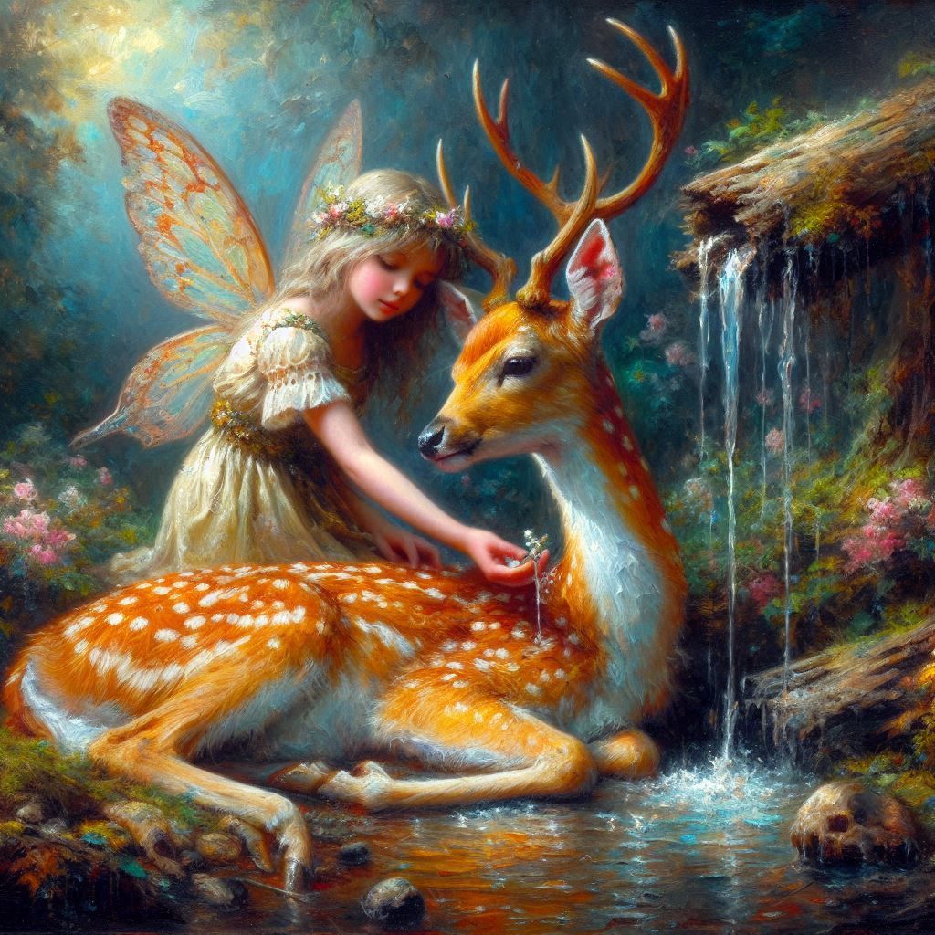 Oil painting of the fairy and the deer