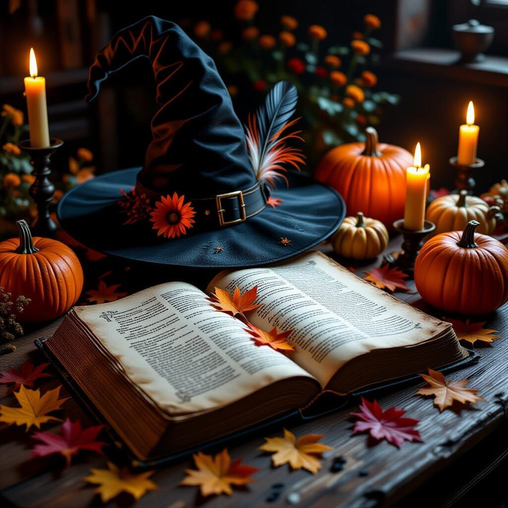 Cozy Harvest Magic: Spellbook with Witch Hat & Candles