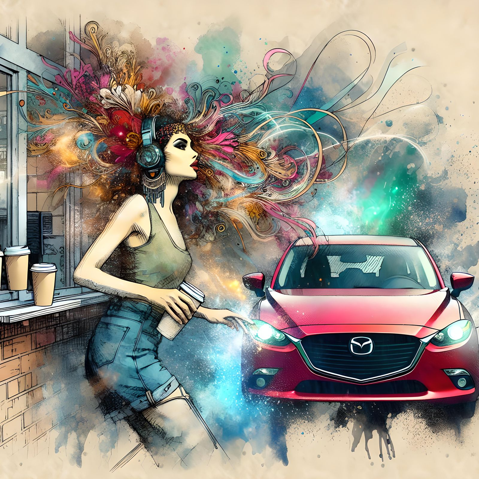 A beautiful young woman is working at a Starbucks drive-thro...