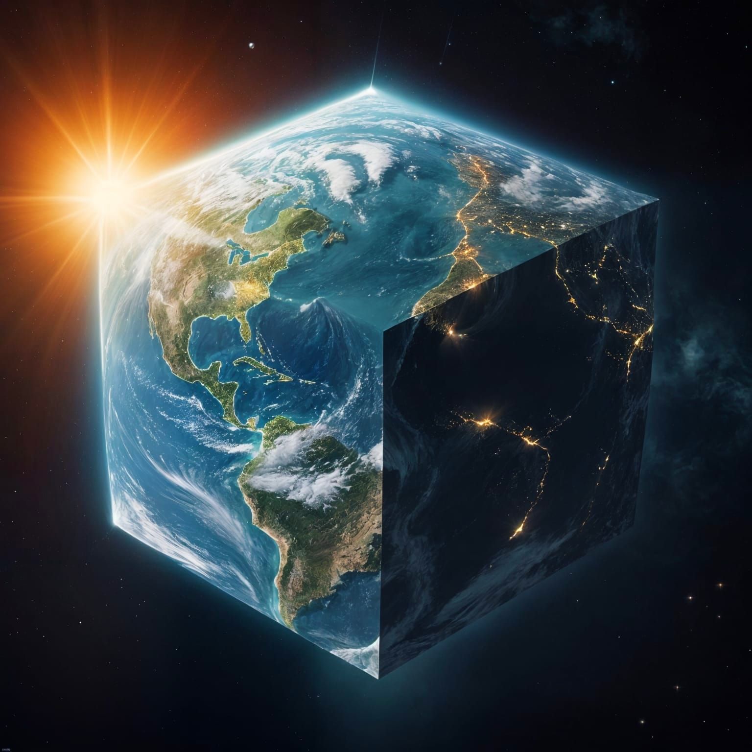 Cube-Shaped Earth in Realistic Sci-Fi Atmosphere