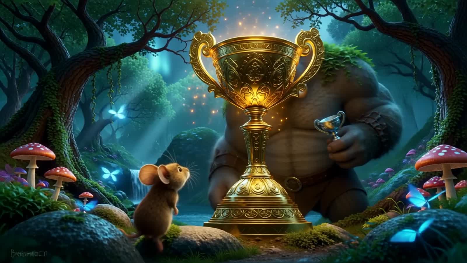 A whimsical, cinematic fantasy scene in a glowing magical forest clearing at twilight. In the foreground, a tiny brown f...