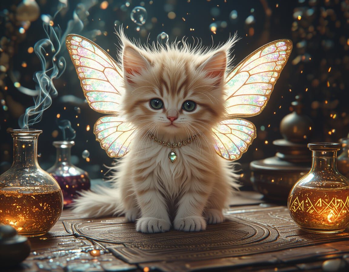 Digital painting. Extreme close-up. An adorable, fluffy, butterfly-winged angel kitten perches delicately upon an ancient arcane table, surr...
