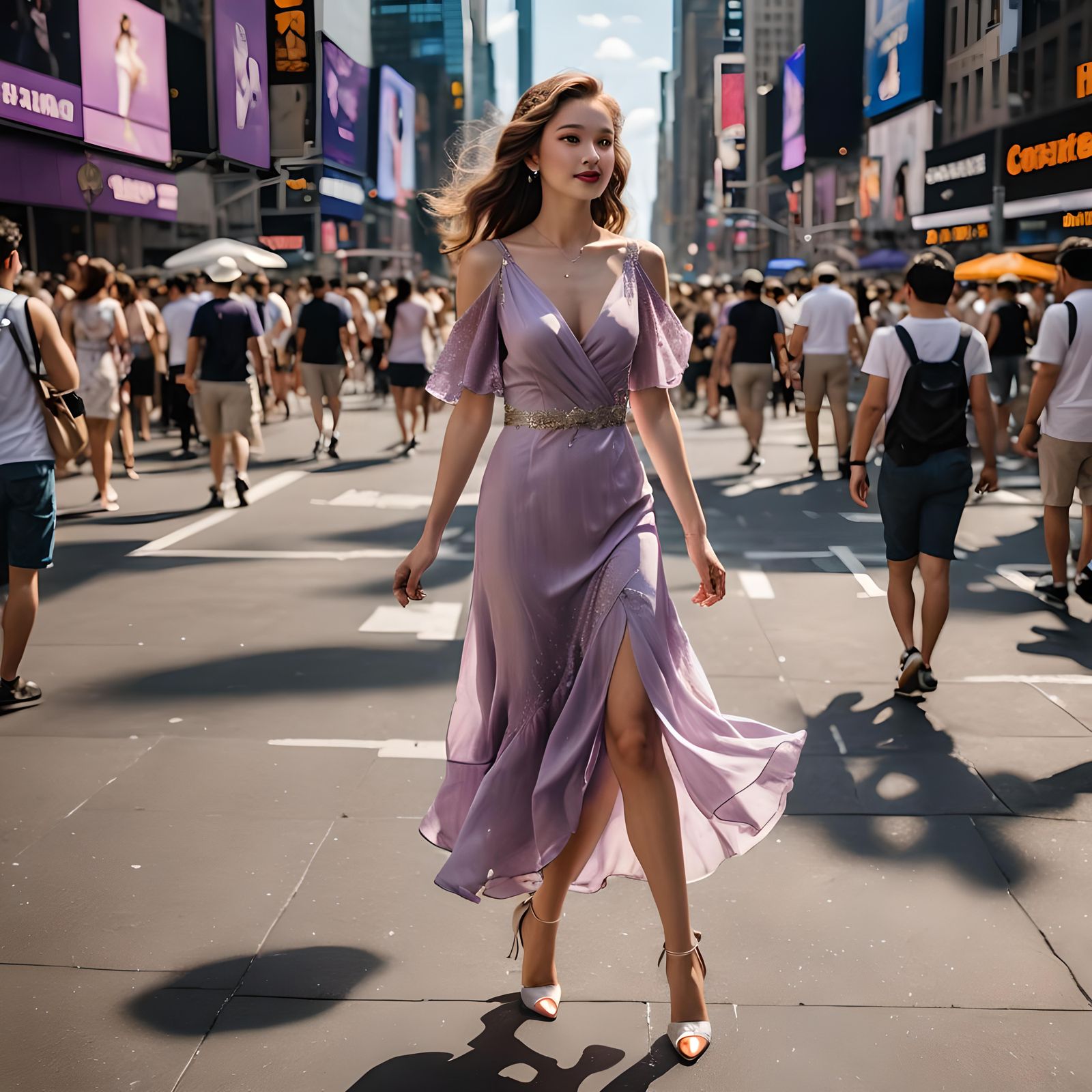 a 20years old lady with glowing skin wearing a light vintage purple dress.  White long heels with silver details. Her long, brown cascades do... - AI  Generated Artwork - NightCafe Creator