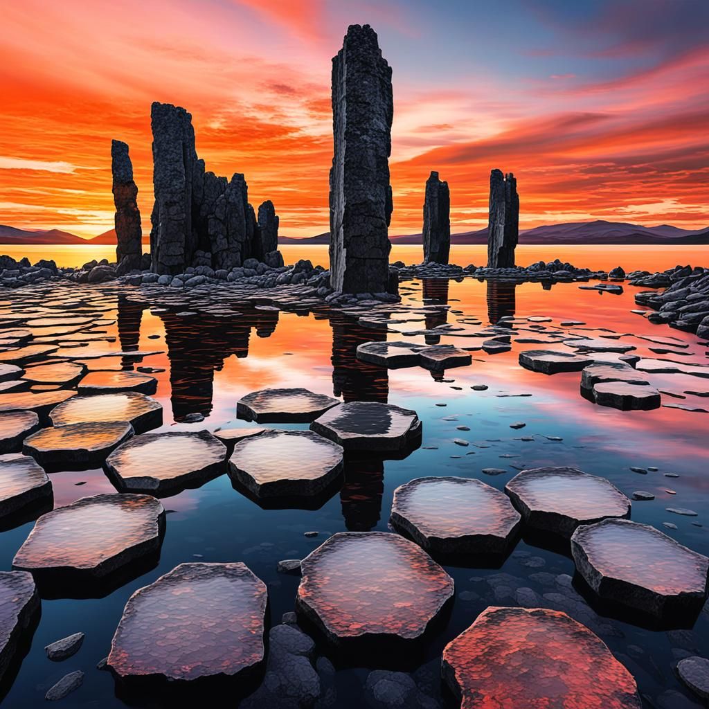 hexagonal basalt columns at sunset
