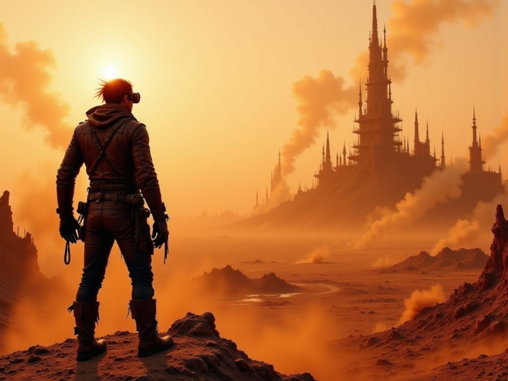 <lora:Mad-Max:1.0> Mad Max, clad in worn leather and tattered fabric, stands atop a dusty ridge, gazing out at the unforgiving expanse of a ...