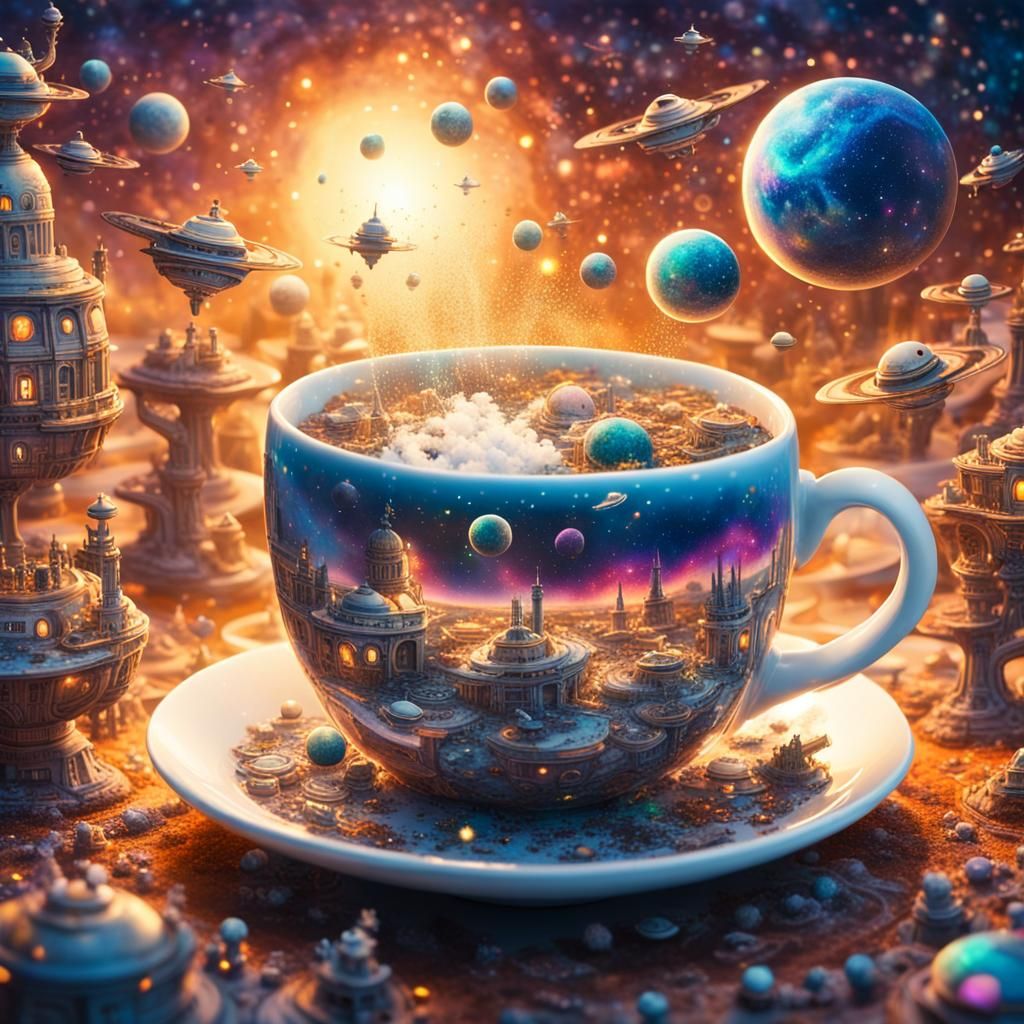 Miniature scifi world inside a white tea cup, galaxies, spaceships, robots, particles flying around, ...  by @Tangled Serendipity