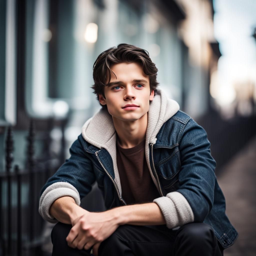 Young teen boy looks like Sebastian stan with black hair