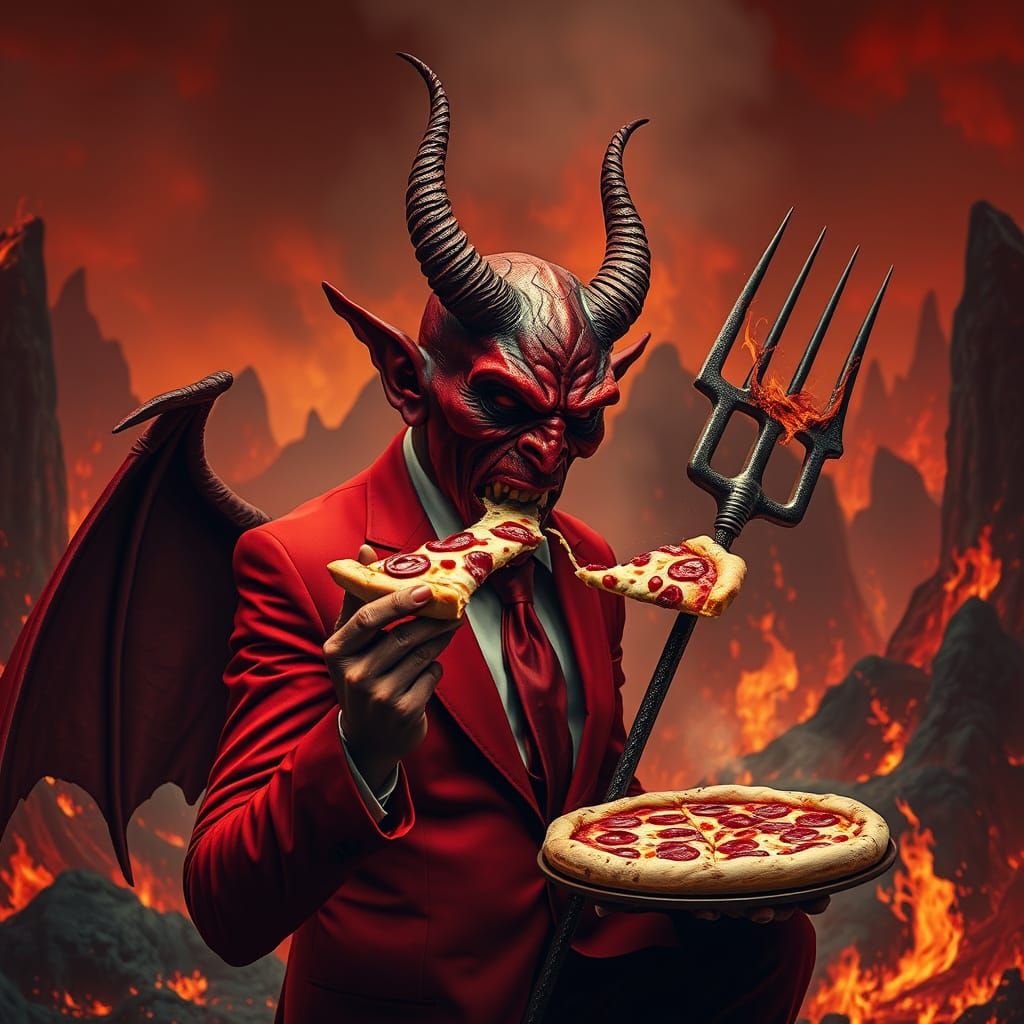 Devil Enjoying Pizza in Hellish Landscape