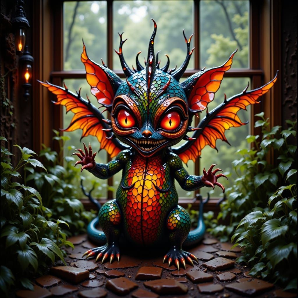 A glowing, 3D stained-glass fantasy creature with shard-like spines and fierce eyes, crafted from vibrant mosaic glass. The creature is illu...