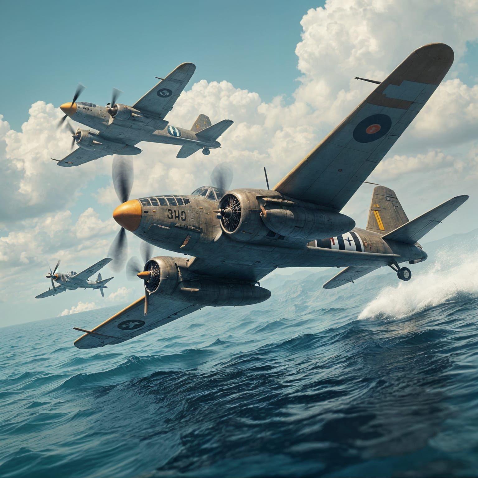 un avión de la segunda gurra mindial atacando un porta aviones de lamisma época, en modo hiperrealista al estilo National Geografic