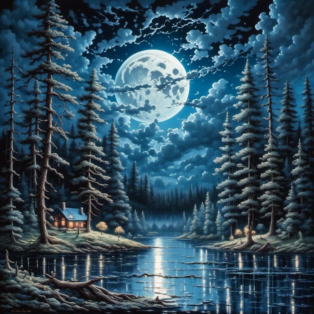 Blue forest lake landscape, large moon, moonstorm, paint drips, Insanely detailed, <lora:MoonStorm:1.0>