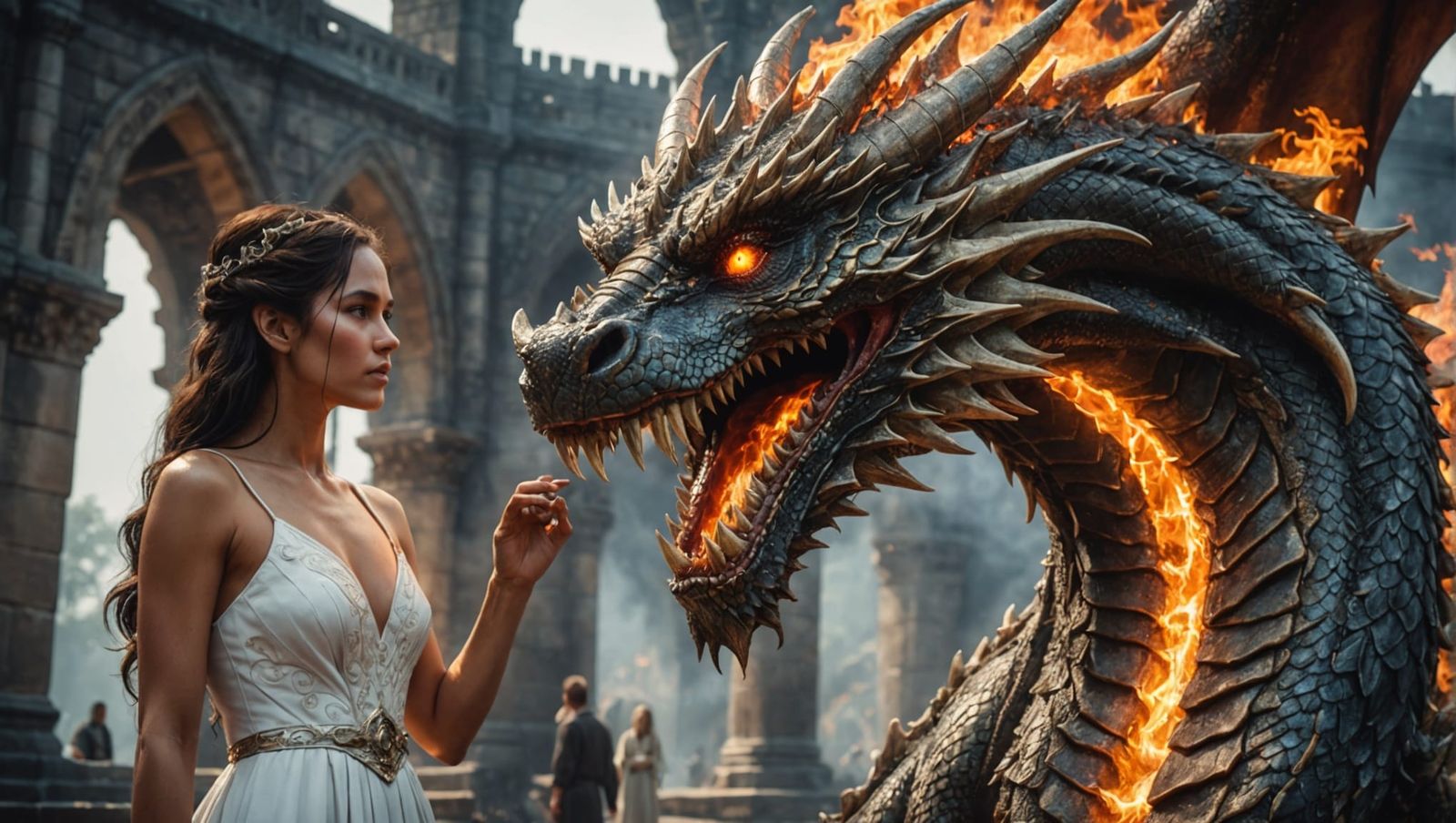 Fiery Dragon Conversing with Priestess in Hyperrealistic Sty...