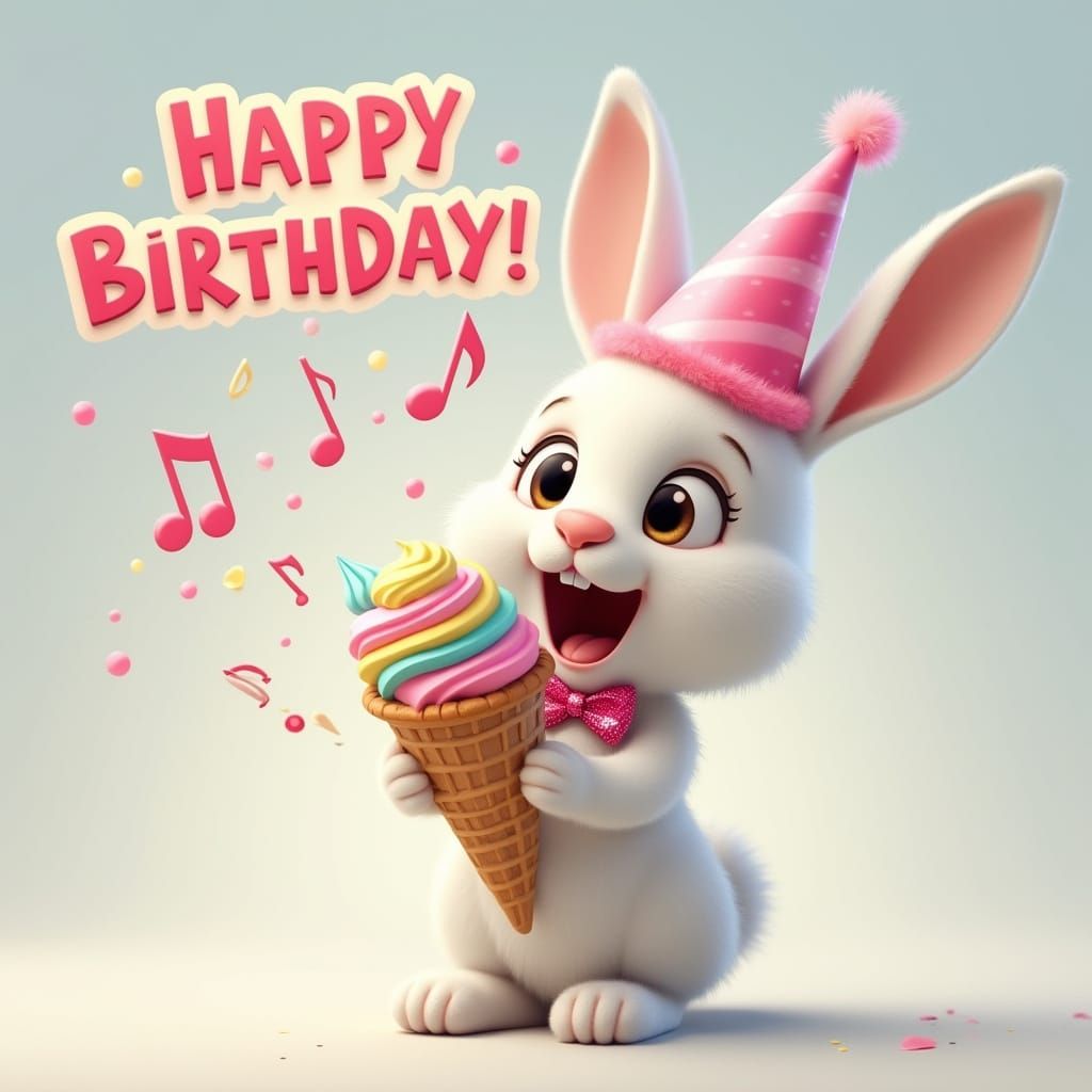 Joyful Bunny Sings Happy Birthday in Vibrant, Whimsical Styl...